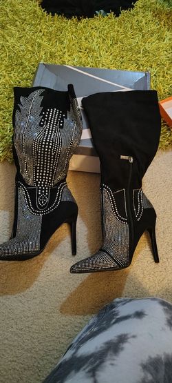 Black Rhinestone Thigh High Boots