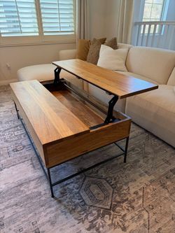 West Elm Industrial Solid Wood Storage I Pop-Up Coffee Table 50” - Like New
