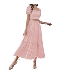 Women's 2 Pcs Outfits Wrap Tie Short Sleeve Crop Top Ruffle Maxi Skirt Set