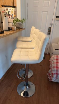 White Tufted white Bar Stools with Chrome Base – Set of 3