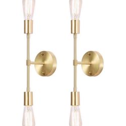 Gold Vanity Lights, 2-Light Bathroom Light Fixtures Over Mirror Brass Sconce Modern Semi Flush Mount Ceiling Light Fixture for Toilet Bedroom Living D