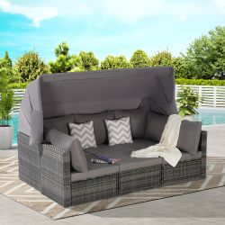 5 Pieces Outdoor Patio Wicker Daybed Furniture Set with Retractable Canopy, Storable Side Table, and Soft Cushions for Relaxing in Your Backyard or Po