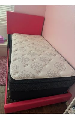 Twin Bed Frame (Pink) w/ Mattress & Boxspring