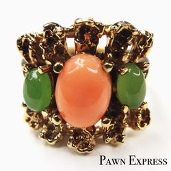 10 Karat Gold Coral & Jade Ring 