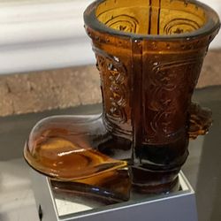 Amber Glass Boot Vintage  60’s Pilgrim  Cowboy 4” Toothpick Holder Collectable 