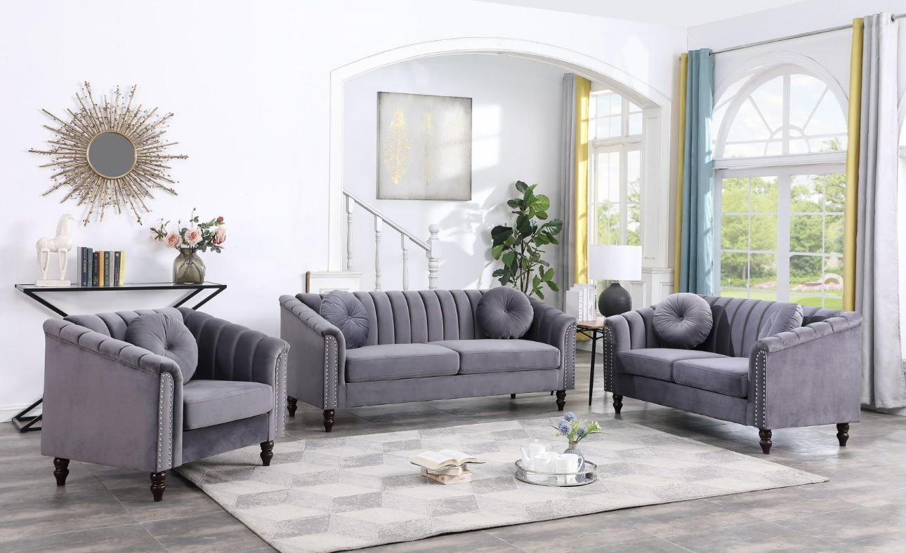 Modern Style Gray Microfiber Three Piece Couch Set
