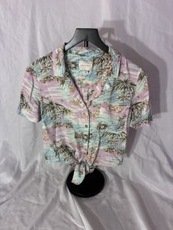 American Eagle Tie Front Tropical Button Down Cropped Blouse