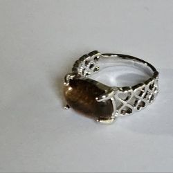 NEW SIZE 7  STRIPED TIGER EYE STONE  FASHION SILVER NEW LATTICE BAND RING