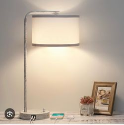 New Brushed White Oak Bedside Table Lamp With USB C+A Charging Ports, Dimmable Modern Farmhouse