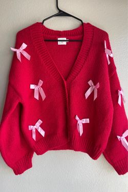 Luna Ivy Red Cardigan pink bow V-neck knit Women’s Sz S