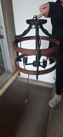 Black Metal and Wood Ring Chandelier