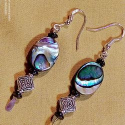 99.9 *FINE SILVER* LARGE- OVAL *ABALONE*/HEMATITE/ STERLING, HYPOALLERGENIC HOOK  WIRES. 