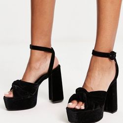 ASOS Design Natia Black Felt Knotted Open Toe Platform Block Heel 5 ½” Size 7 