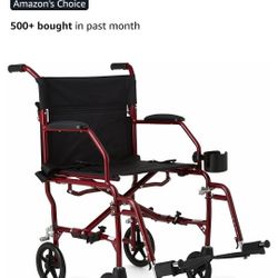 Medline Ultra Lightweight Transport Wheelchair for Adults, Foldable, 19-Inch Seat Width, Red Frame, Black Upholstery 