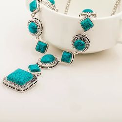 2022 New Fashion Arrival Chain on The Neck Jewelry Turquoise Necklace Retro Rhombus Round Geometric Necklace Holiday  Message me if you are interested