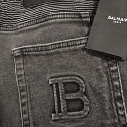 Balmain Black and Gray Ribbed Slim Multi-Cuts Designer Style Jeans L.