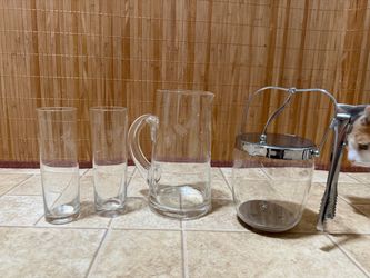Vintage Sasaki Glass Ice Bucket, Pitcher, and Matching Glasses