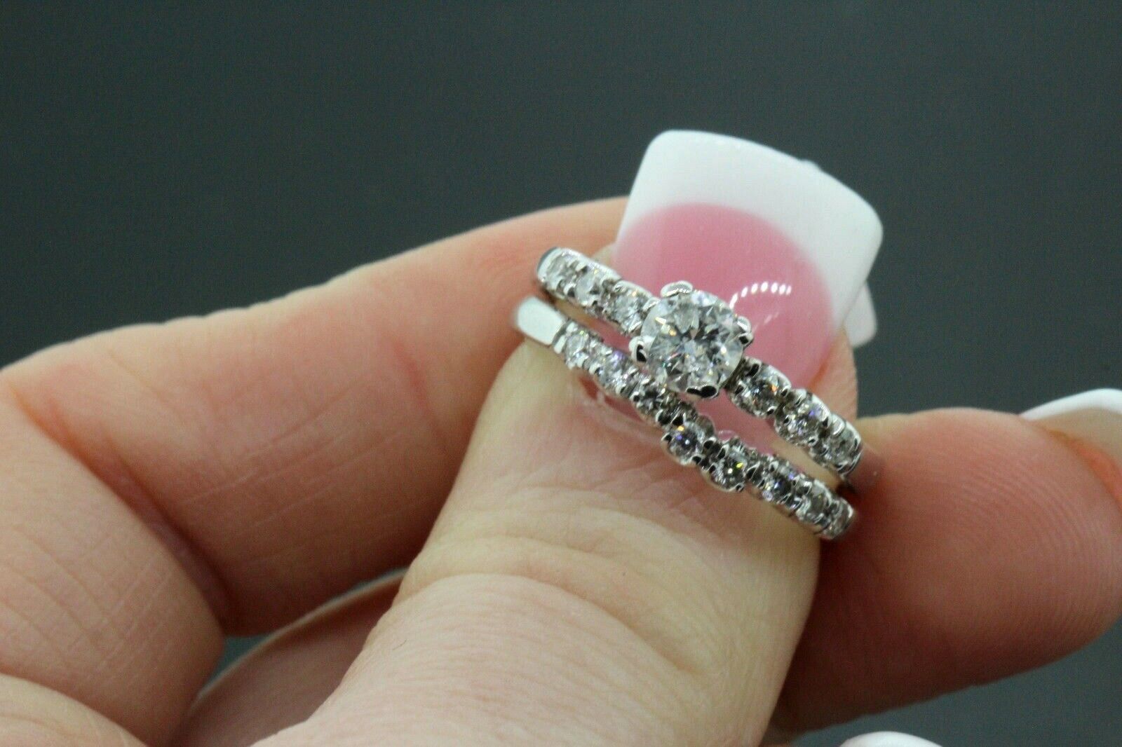 Women's 14k White Gold & Diamond Engagement Ring & Wedding Band Set 5.3g #31131