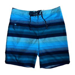 Patagonia Wavefarer Board Shorts Sz 31 Navy Blue Striped Cinch Waist Swim Trunks