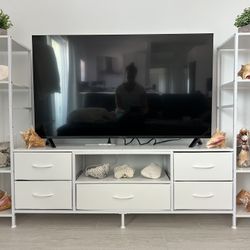 White TV Stand / Console With Drawers, Shelves, LED Light 