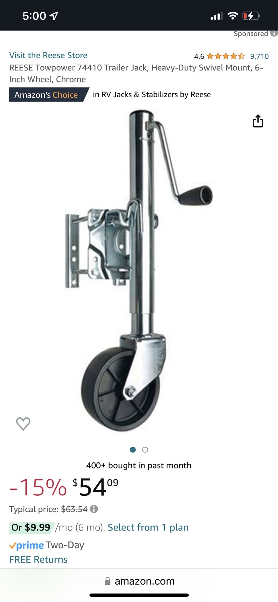 REESE Towpower 74410 Trailer Jack, Heavy-Duty Swivel Mount, 6-Inch Wheel, Chrome