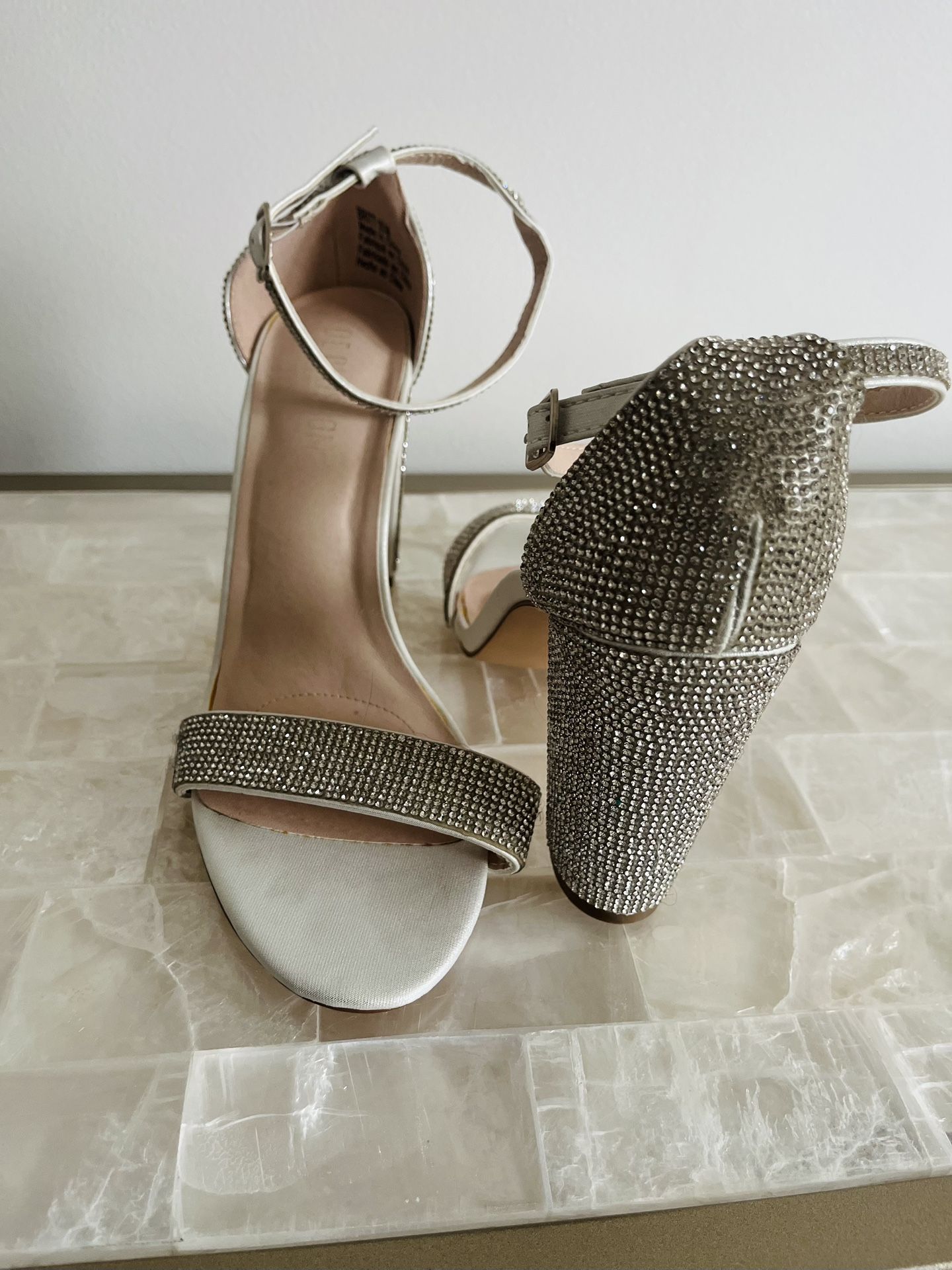 Silver, bridal, block heels coated in crystals.