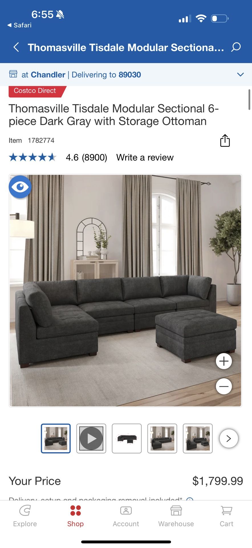 One Armless Chair- Thomasville Tisdale Modular Sectional Dark Gray with Storage Ottoman
