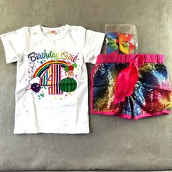 Girls 4th Birthday Outfit Set Size 4 Rainbow Shirt Sequin Shorts Bow