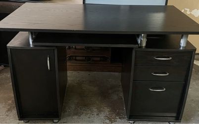 Black Computer Desk with Drawers and Cabinet