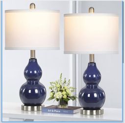 Double Gourd Ceramic Table Lamps Set of 2, Modern Navy Blue Bedside Lamps for Night Stand, Contemporary Nightstand Lamps for Bedroom Living Room (Bulb
