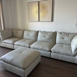 Cream Leather Modular Sectional Sofa with Ottoman