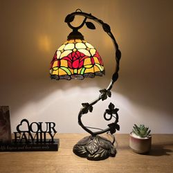 Tiffany Style Table Lamp Stained Glass Red Tulips 11"W*8"D*21"H