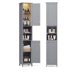 Tall Storage Cabinet with Lights, Slim Freestanding Cabinet with Adjustable Shelves, for Small Spaces, Bathroom, Living Room, Modern, 11.8 Inches Wide