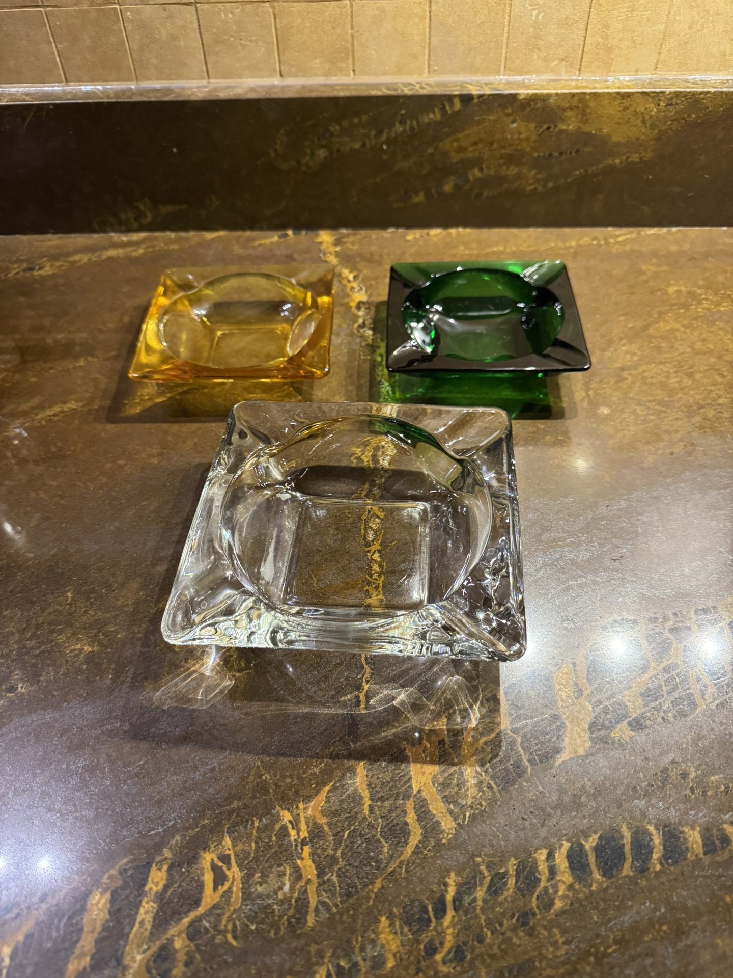 Vintage Ashtray Lot 3 Square Green Amber Clear Glass 1970's Collectibles