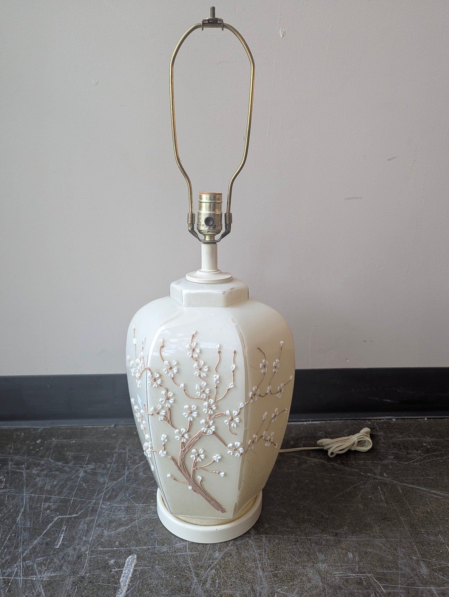 Vintage Cream Ceramic Table Lamp with Cherry Blossom Relief Design