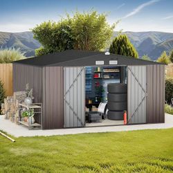 12 x 10 FT Outdoor Storage Shed with Lockable Double Door, Light Brown
Heavy Duty Galvanized Metal Shed with Sloped Roof, Aluminum Garden Shed with Ve