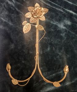 Gold Rose Wall Hook Double Arm Metal Holder Leaves Vintage