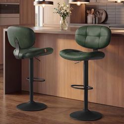 Bar Stools Set of 4, Height Adjustable Swivel Chairs, PU Leather Kitchen Barstools with Back and Footrest, Quilt Surface, Steel, Dining Room, Counter,