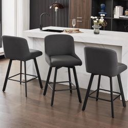 Swivel Counter Height Bar Stools Set of 3, 26''H Upholstered Barstools with Backs, Modern Bar Stool Chairs for Kitchen Island, Metal Legs, Fabric, Bla