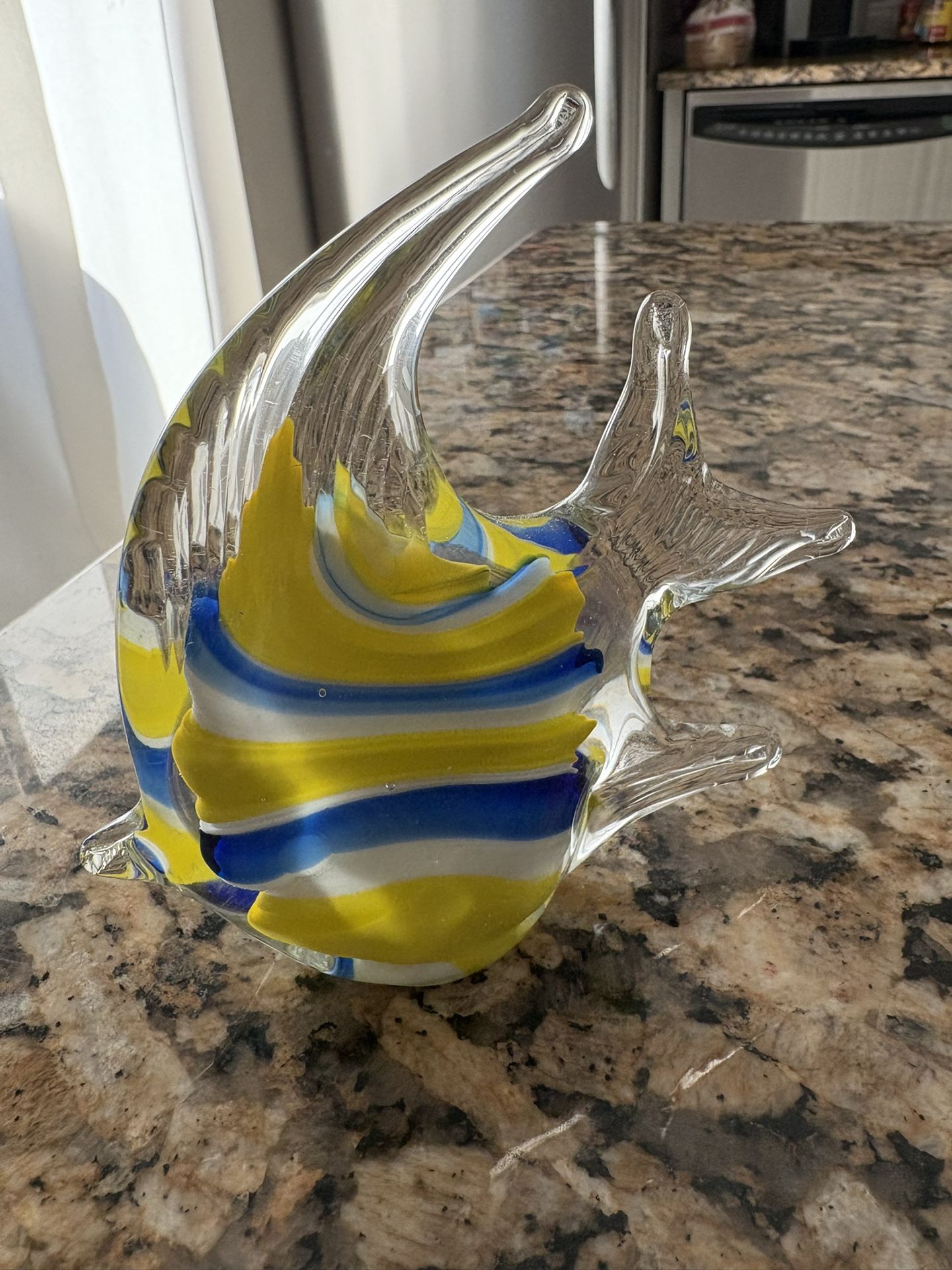 Art Glass Angel Fish Hand Blown Murano Style Paperweight/Figurine, Blue And Yellow