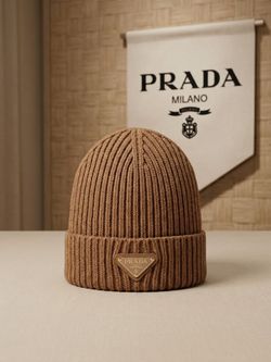 AUTH PRADA Ribbed Beanie Cap in Lux Tan - NEW