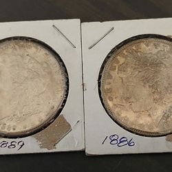 Two Morgan Silver Dollars Au/unc Toned 1800s Coins
