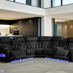 Power Reclining Sectional Sofa With Bluetooth Speakers, Led Lights, Usb-C Ports And Hidden Storage.   🔥  Reclinables  Electricos. Color Negro 