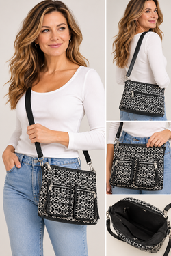 Black & White Geometric Crossbody Bag – Multi Pocket Organizer Shoulder Purse