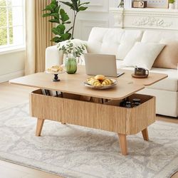 3 in 1 Lift Top Coffee Table, Fluted Convertible Coffee Tables Converts to Dining Tables, Modern Oval Wooden Center Table with Storage for Living Room