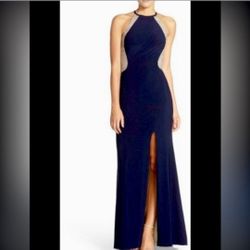 Avery G Navy Blue and Nude Mesh Jersey Beaded Illusion Gown Size 4
