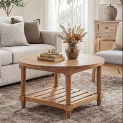 YY0013 Round Coffee Table, 31.5" Farmhouse Solid Wood Center Table with Storage, 2-Tier Circle Accent Table for Living Room, Small Spaces, Apartment, 