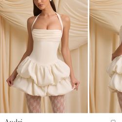 Halterneck Layered Bubble Hem Corset Mini Dress in Ivory