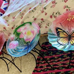 Lot 3 Elegant Glass Bird Bath Feeding with Metal Stand Hummingbird Dragonfly Pink Flower Floral Butterfly