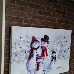 Snowman Family Winter Wall Art – Large Holiday Canvas Print – Rustic Christmas Decor
